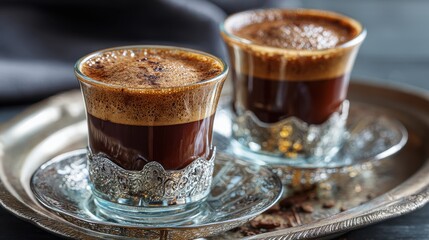Two cups of Turkish coffee are presented on a silver tray for a traditional and cultural beverage break.