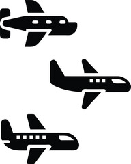 Vector Icons Set of three black airplane in flight, simple aviation silhouettes perfect for travel, airline, or transportation graphic design and infographics.