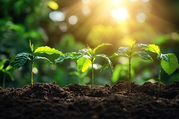 Young coffee plants sprout in rich soil under sunlight