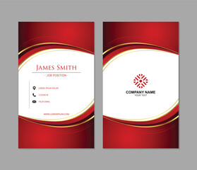 Elegant business card template with a red and gold wave design. Perfect for showcasing company details and contact information.