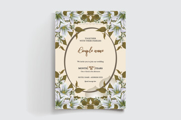 WEDDING INVITATION FRAME WITH FLOWER DECORATIONS AND FRESH LEAVES