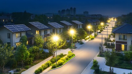 Fototapeta premium Residential neighborhood at night with solar panels.