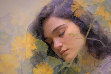 A peaceful young woman nestled amongst delicate yellow flowers.