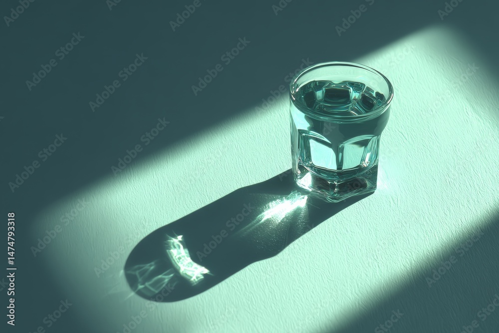Poster clear glass filled with water casting a soft shadow on a pale surface illuminated by sunlight