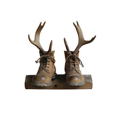 Rustic Leather Boots with Antlers on Wooden Shelf