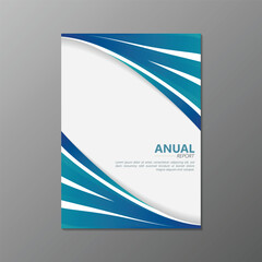 Naklejka premium Clean and modern annual report cover design with blue wave elements on a white background and grey backdrop