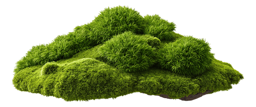 Lush, vibrant green grass and moss forming a small island-like cluster on transparent background.