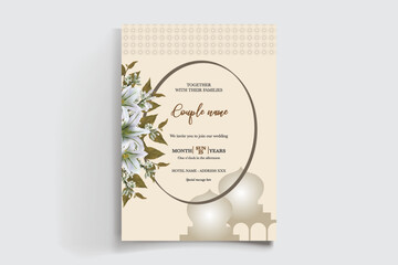 WEDDING INVITATION FRAME WITH FLOWER DECORATIONS AND FRESH LEAVES