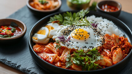 Delicious Korean dish featuring kimchi, rice, and fried egg, garnished with herbs and sesame seeds, served on black plate with side dishes