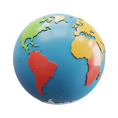 Naklejka premium Colorful 3D model of planet Earth. Global perspective. 3d rendering isolated on white background. Cartoon plastic style