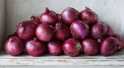 A pile of vibrant red onions rests on a white wooden shelf