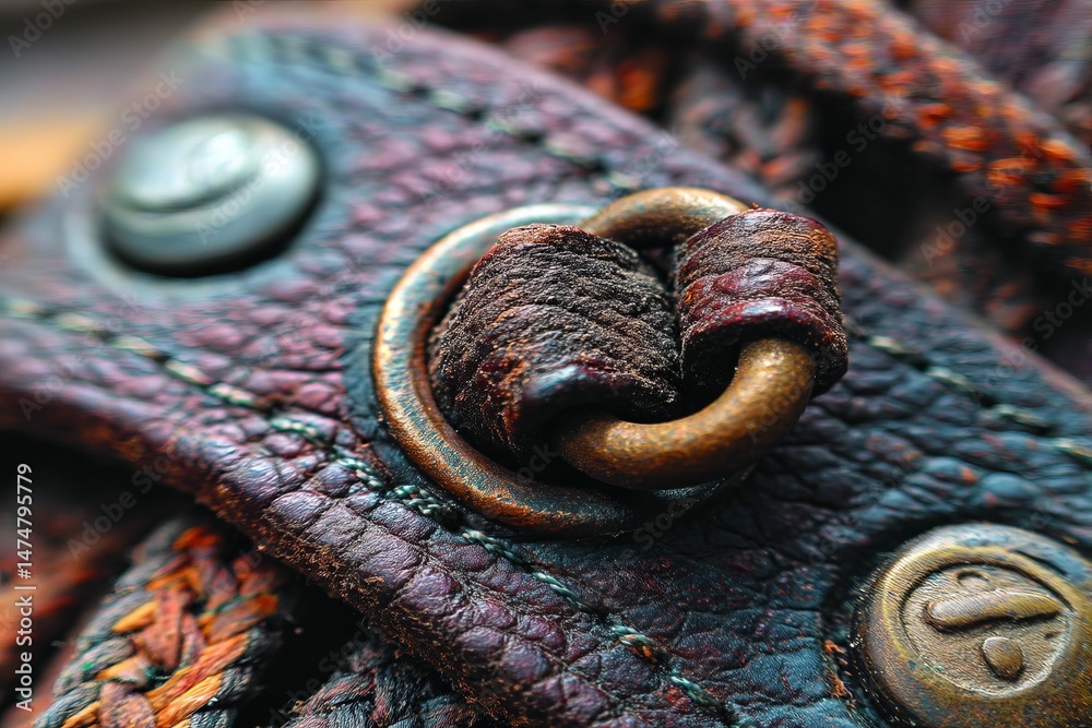 Poster close-up view of aged leather strap showcasing detailed stitching and metallic elements in natural l