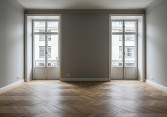 Obraz premium Empty room with herringbone floor and two windows overlooking a building exterior