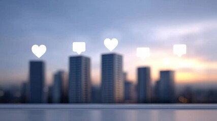 City's digital presence: A blurred cityscape is accented by glowing digital icons representing the heart of social media interaction. The city, in this digital view. - Powered by Adobe