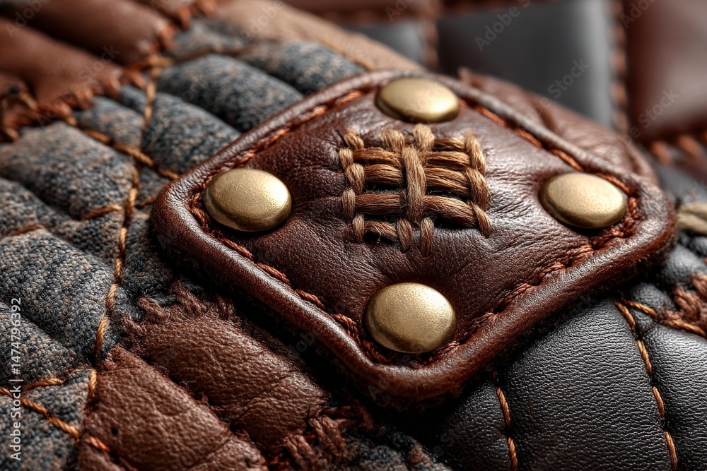 Poster detailed close-up of a textured leather and fabric surface with decorative stitching and metallic ri