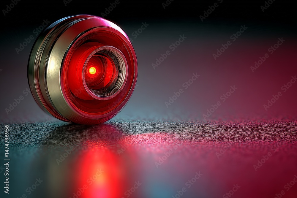 Aufkleber Close-up view of a red light sensor on a surface reflecting vibrant colors and textures during evening light