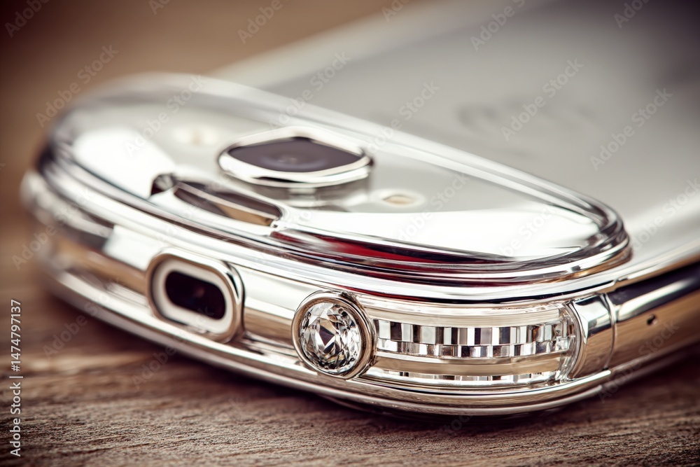 Poster Close-up view of a vintage smartphone showcasing its elegant design and features on a wooden surface