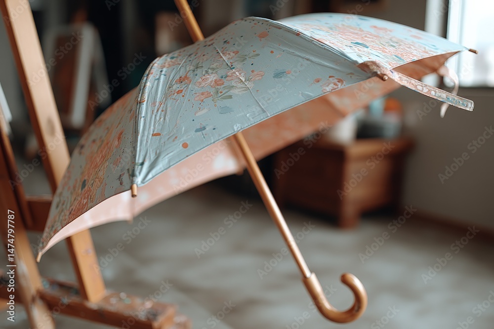 Poster Decorative umbrella resting indoors on a wooden stand with soft natural light filtering through the window