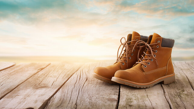Rugged leather work boots on weathered wood with golden brown tones, soft blue gradient sky background, rustic still life for Father's Day gifts celebrating craftsmanship and durability. - Powered by Adobe