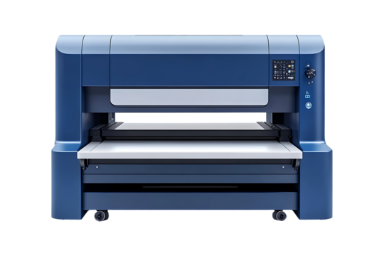 Front view of a modern blue industrial printer isolated on transparent background
