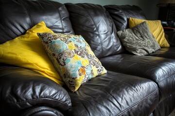 Fototapeta premium Cozy modern living room with leather couch and decorative pillows on a relaxing afternoon