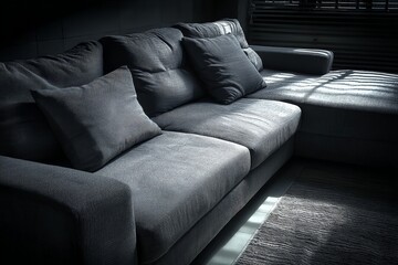 Fototapeta premium Cozy sectional sofa in dimly lit living room creates a relaxing atmosphere during evening hours