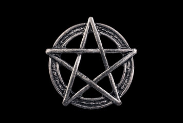 Metal pentagram symbol isolated on black background with clipping path
