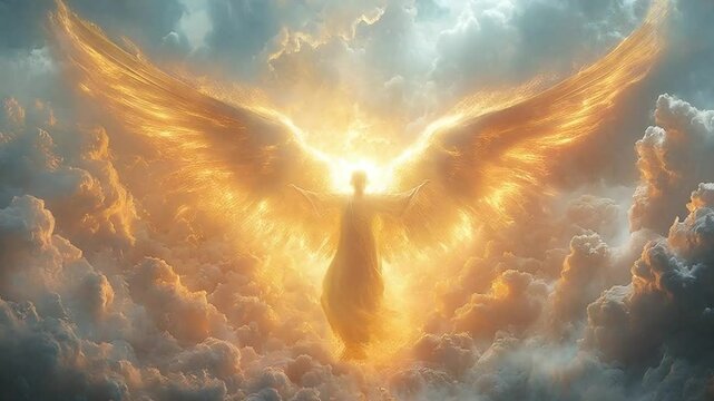 Angel in the clouds, with open wings, light shining from head and body