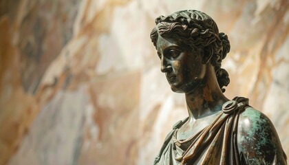 Elegant Bronze Sculpture: An intricately crafted bronze sculpture of a beautiful woman, her form exuding grace and classical beauty, set against a backdrop of an ornate marble interior.