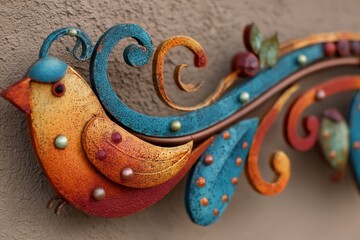Colorful metal bird decoration enhances the aesthetic of a textured wall in a bright, artistic setting