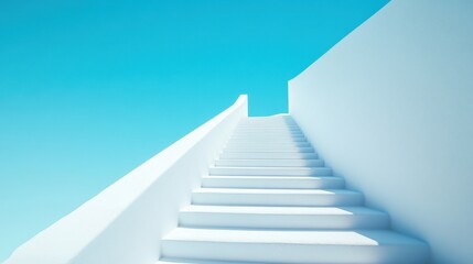 Obraz premium Bright white stairs reaching up into a clear blue sky, surrounded by a serene and cloudless atmosphere, minimalist and calming scene 