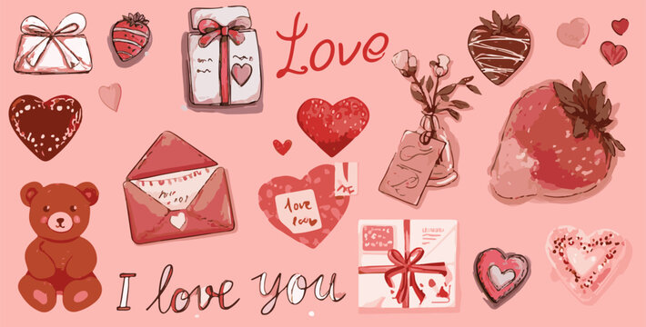 Fototapeta Romantic vector illustration with hearts, presents, flowers, teddy bear, flowers, strawberry, and handwritten inscriptions "Love" and "I love you" on a pink background. Perfect for Valentine's Day.