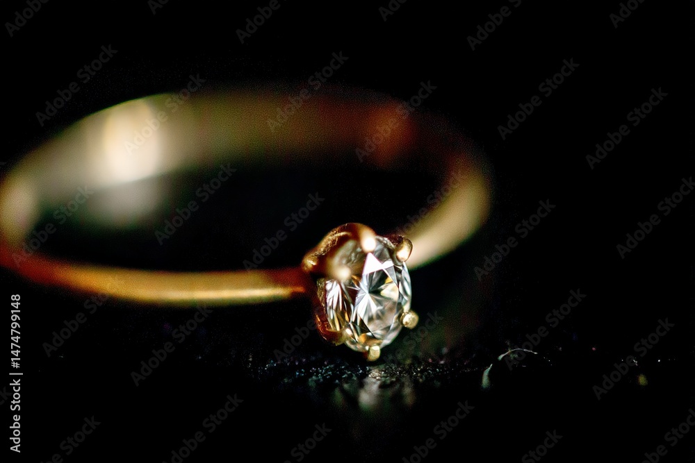 Poster beautiful golden ring featuring a sparkling diamond captured in a close-up shot with a dark backgrou