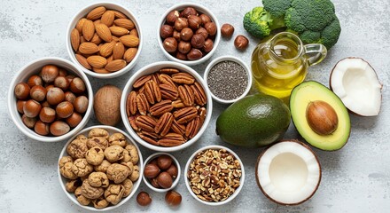 Obraz premium Various Nut and Seed Assortment with Oil and Avocado