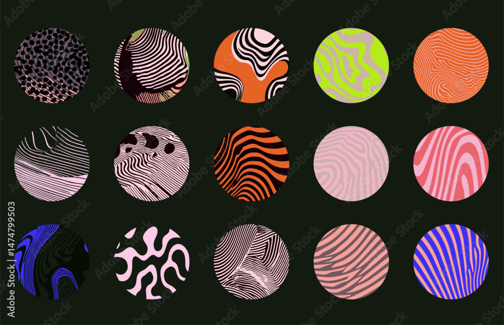 Fototapete Vector illustration of abstract circles with colorful, wavy, and striped patterns. Each circle has a unique design and color scheme on a dark background, creating a modern, artistic look.