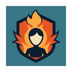 Abstract illustration of a person surrounded by flames within a shield emblem design