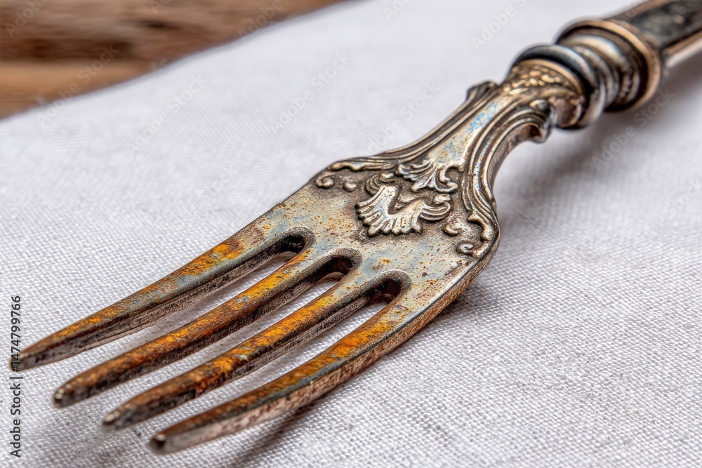 Poster Rustic antique fork on linen fabric showcasing intricate details and worn finish in a warm, inviting setting