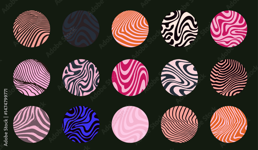 Fototapete Vector illustration of abstract circles with colorful, wavy, and striped patterns. Each circle has a unique design and color scheme on a dark background, creating a modern, artistic look.