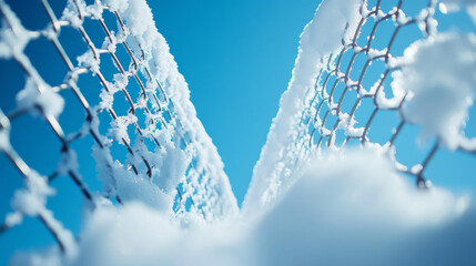 Snow-covered chain-link fence viewed from below against a bright blue sky.
