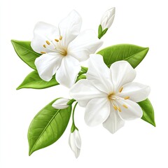 Delicate white blossoms with lush green leaves.  A cluster of pristine white flowers, accented by vibrant green leaves, create a serene and fragrant visual