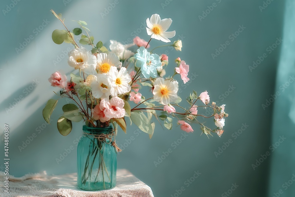Poster bright and colorful flower arrangement in a glass jar on a rustic table against a soft blue backgrou