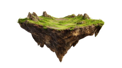 Triangular floating island with cliffs, rocks and lush green grass isolated on transparent background, perfect for fantasy concept art or game design