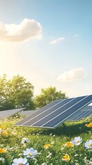 Solar Panels in Bloom: A sunlit field bursts with wildflowers, framing sustainable solar panels as they harness clean energy under a bright, sunny sky.