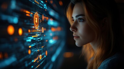 Woman Viewing Digital Display with Orange and Blue Graphics