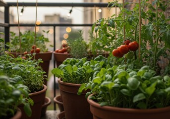 Potted plants symbolizing urban gardening and fresh produce, featuring tomatoes and greens