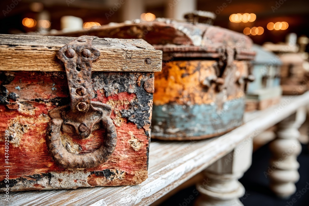 Poster vintage trunks displayed on a rustic table in a cozy interior showcasing their weathered charm and h