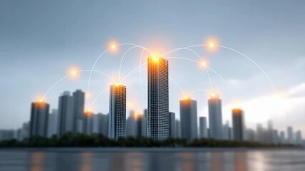 Connected Cityscape: High-rise structures of a modern metropolis reach toward the heavens, their tops interconnected by glowing pathways, symbolizing technological innovation and interconnectedness.