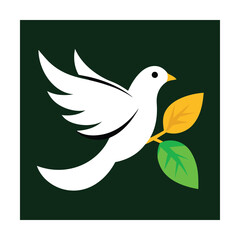 Elegant white dove carrying olive branch symbolizing peace and harmony on dark green background