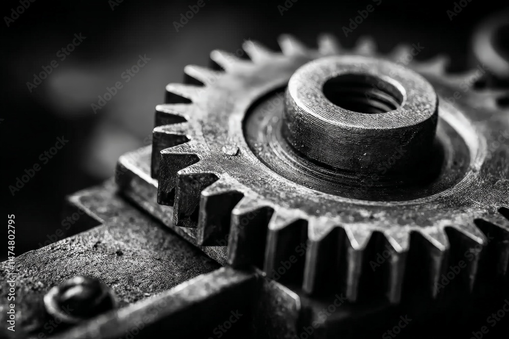 Poster close-up view of a metallic gear showcasing intricate details and textures in industrial machinery s