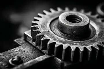 Close-up view of a metallic gear showcasing intricate details and textures in industrial machinery setting during daylight hours